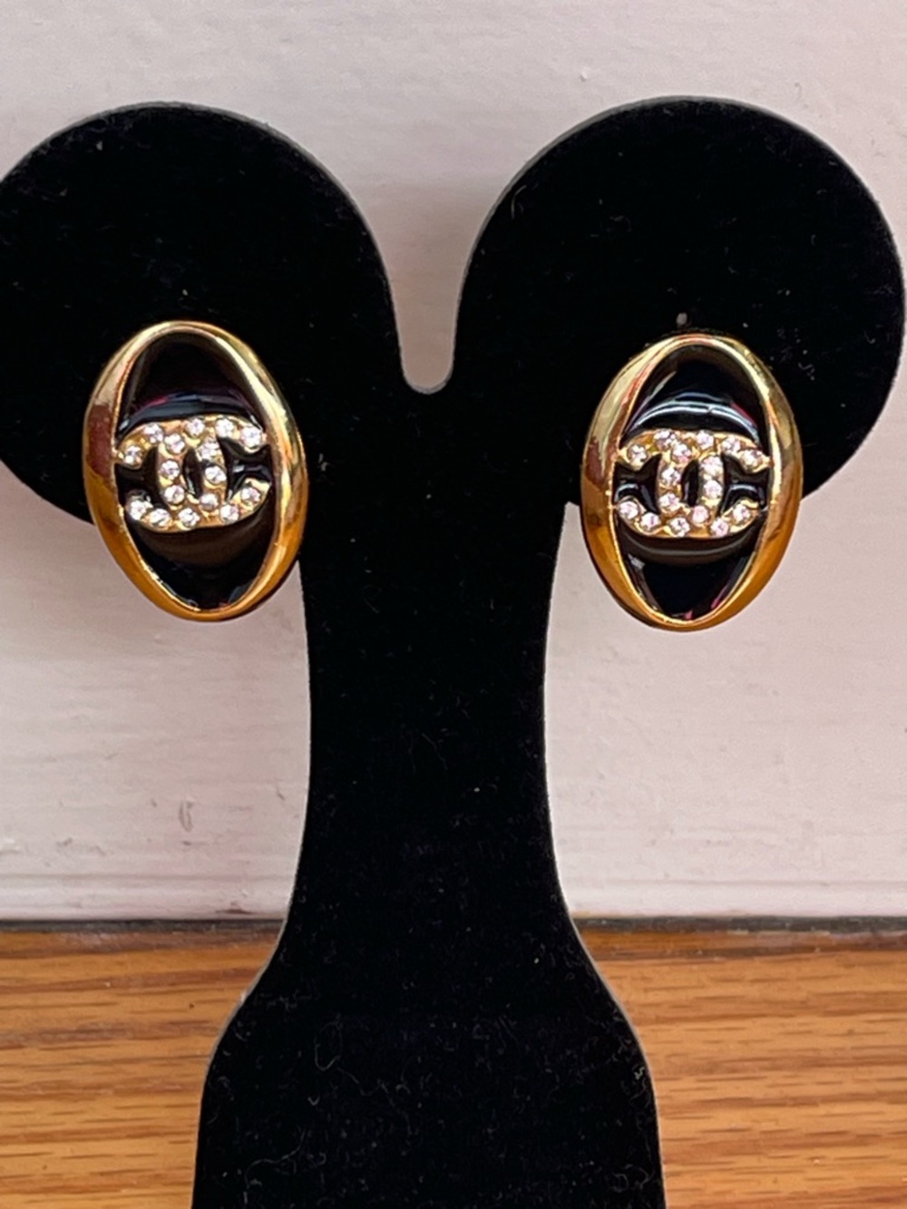 Vintage Black and Gold Crystal CC Oval Clip On Earrings